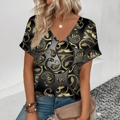Oversized Dames T-shirt Dames V-hals Korte Mouw T-shirts Kleding Mode Losse Pullover Lijn Geprint Top Ventileren 2024 Nieuw