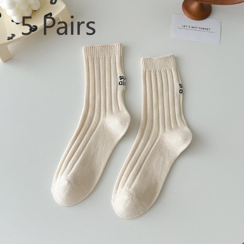 5 Pairs of Women's Minimalist Letter Embroidery Sweat Absorbing Breathable Versatile Tube Stack Socks