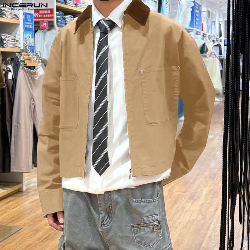 

INCERUN Spring Men Stitching Neck Long Sleeve Zipper Casual Cargo Jackets Coats