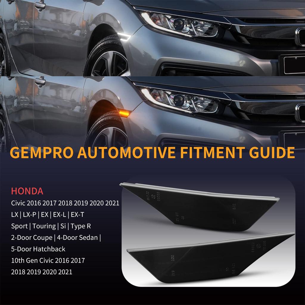 GemPro Front Fender LED Side Marker Lights with Sequential Turn Signal Delay Function of for Honda Civic 10th Generation Type Sport (Set 2, Smoked)