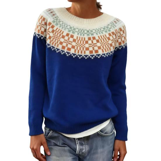 Women Sweater Round Neck Long Sleeve Patchwork Color Pullover Tops Loose Fit Autumn Winter Knit Tops