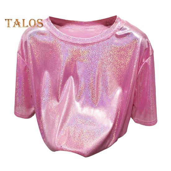 

Жіноча спортивна футболка з круглим вирізом і короткими рукавами, вільний крой, блискуча світловідбиваюча футболка, пуловери для вечірок, танцювальні топи рожевий