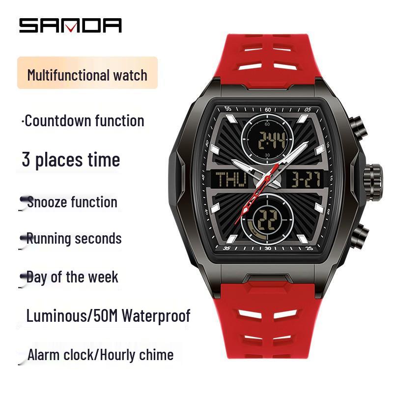 Sanda Dual-Movement Barrel Watch: Luminous Alarm, Large Dial, Multifunctional Student Watch.