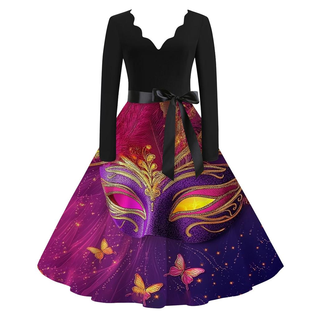 Women's Casual Fashion V-Neck Long Sleeve Carnival Print Vintage  Dress