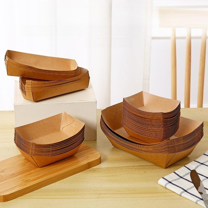 Kraft Paper Food Tray Heavy-duty Food Boat Trays Disposable Service Basket for Fried Chicken Snacks Fries Tacos BBQ Party Tableware Kitchen Tools
