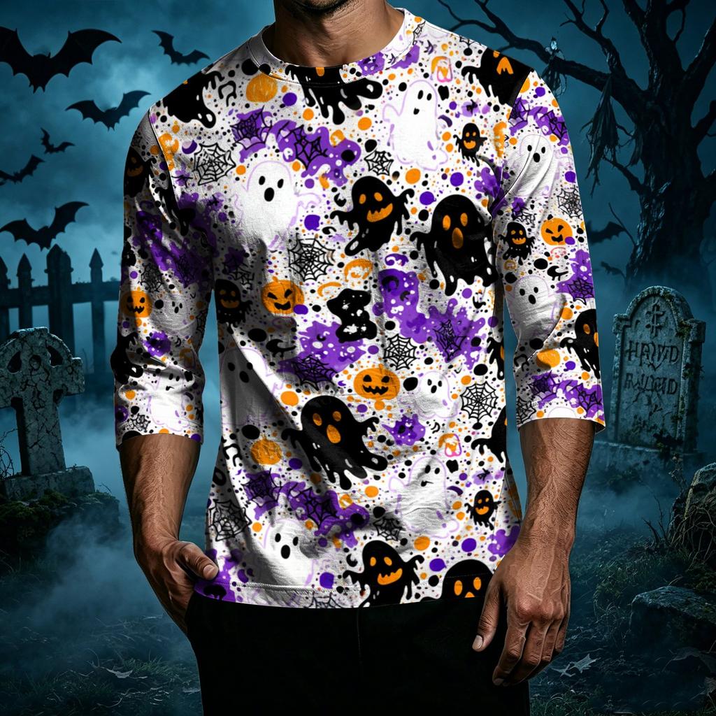 Men's Casual Halloween Print Crew Neck T Shirt Three Quarter Sleeve Top Comfortable Fit Seasonal Style