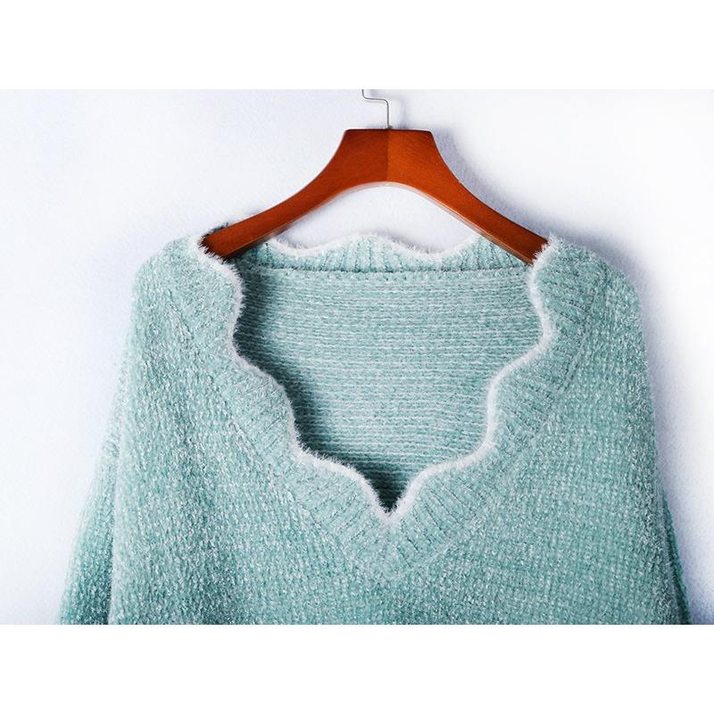 Pulover cu decolteu în V, Pulover cu material cald și moale, Pulover drăguț, Tricou de bază tricotat multicolor, Top casual cu mâneci lungi pentru femei, Toamnă Iarnă