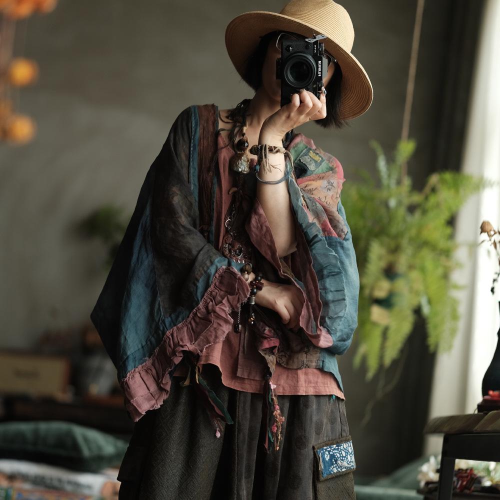 Johnature Women Vintage Patchwork Color Shirts Belt  Autumn Blouses Bat Sleeve Female Blouses Chinese Style Tops