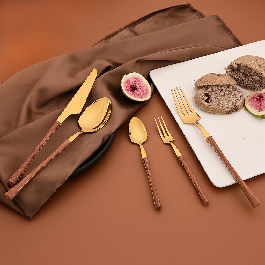 24 ks Příborů s dřevěnou rukojetí Domácí kuchyňská sada nádobí Nůž Vidlička Lžíce Čajová lžička Imitace mramoru Zrcadlová nerezová ocel Služba pro 6 osob