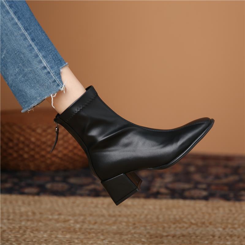 Women's White Mid-Calf Chunky Heeled Ankle Boots - Autumn/Winter 2025 French Style, Slimming, Medium Heel, Square Toe.