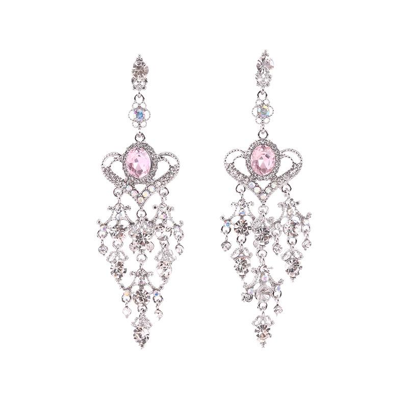Retro Korean Baroque Pink Crystal Heart Tassel Earrings - Long, Elegant, Sweet Silver Needle Dangles