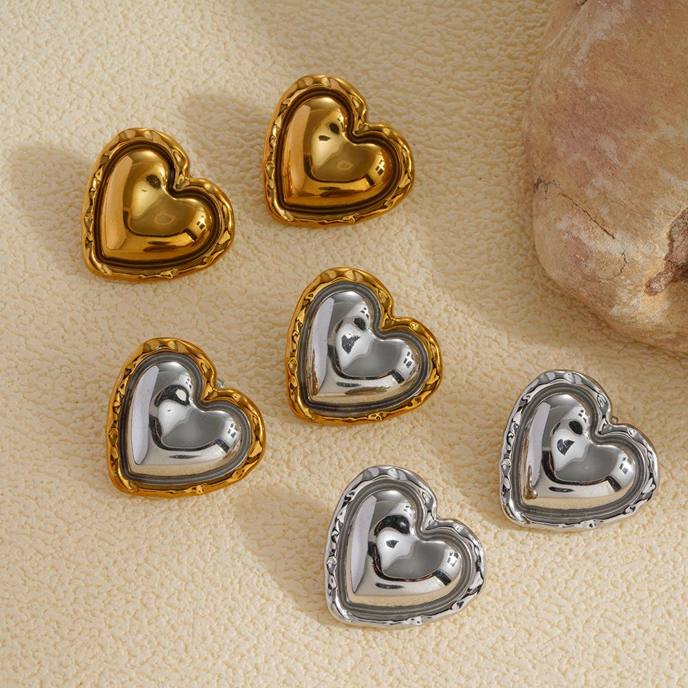 18k Gold Plated Heart Stainless Steel Stud Earrings for Women - Fashionable and Versatile European-American Style