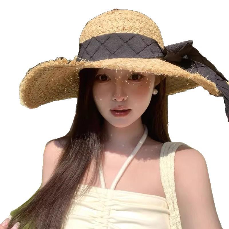 Summer French Breasted Raffia Straw Hat Women's Big Hat Brim Sun Protection Hat Beach Beach Bow Knit Hat