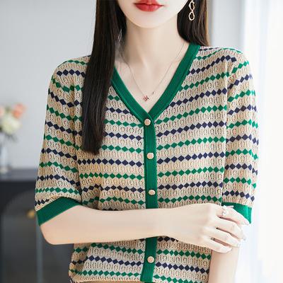 Summer's New Thin Knitted Five-sleeved Cardigan with Contrasting Color Stripes and A V-neck for Women