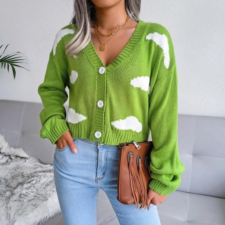 Women Autumn Winter Knitted Cardigan Long Sleeve V Neck Printed Single Breasted Sweater