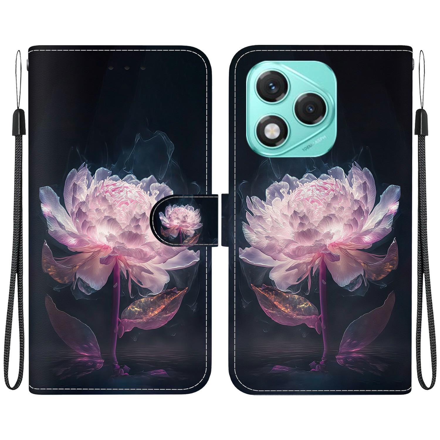 

For Honor 400 Lite Wallet Phone Case Anti-Drop Leather Flip Cover Pattern Printing Purple Peony