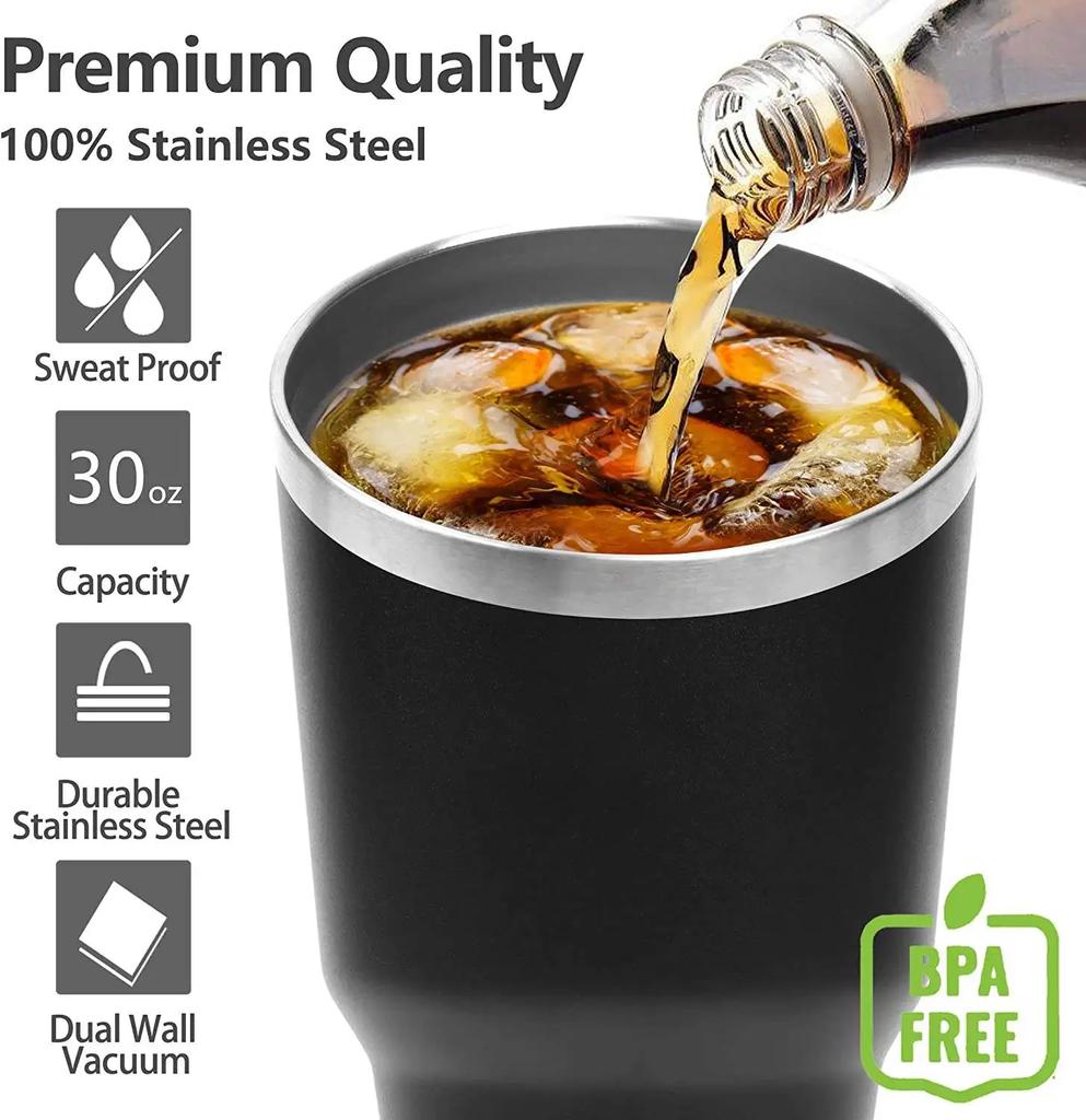 Gobelet 30 oz Double paroi Acier inoxydable Isolé sous vide Mug de voyage avec couvercle anti-éclaboussures Paille en métal et brosse