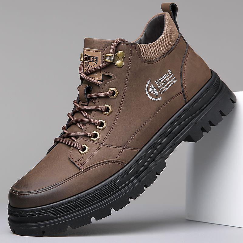 

Мужские кожаные ботинки Мартин на флисовой подкладке Осень/Зима 2025 – Теплая, универсальная, нескользящая повседневная обувь для улицы и рабочей одежды. 39