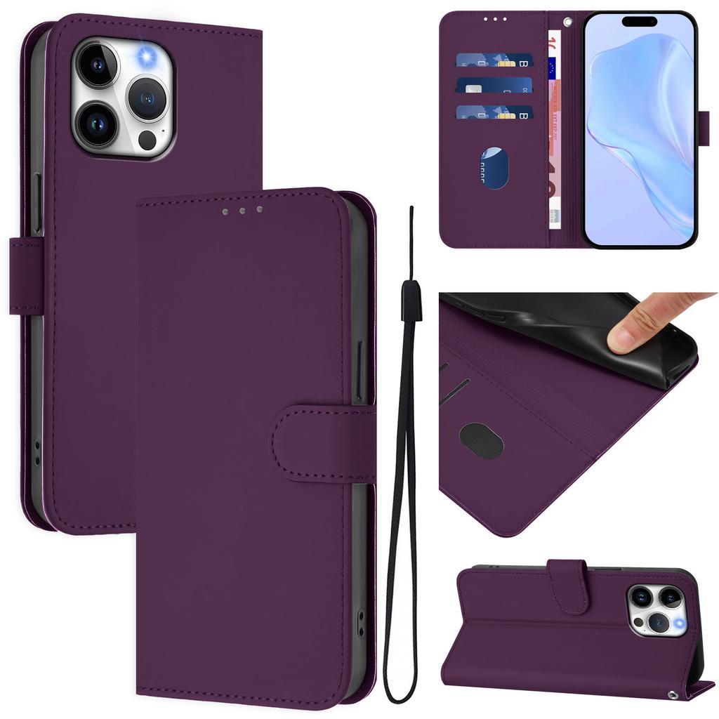 Etui na iPhone 16 Pro Max Jednokolorowe Portfel Skórzane Etui na Telefon ze Smyczą