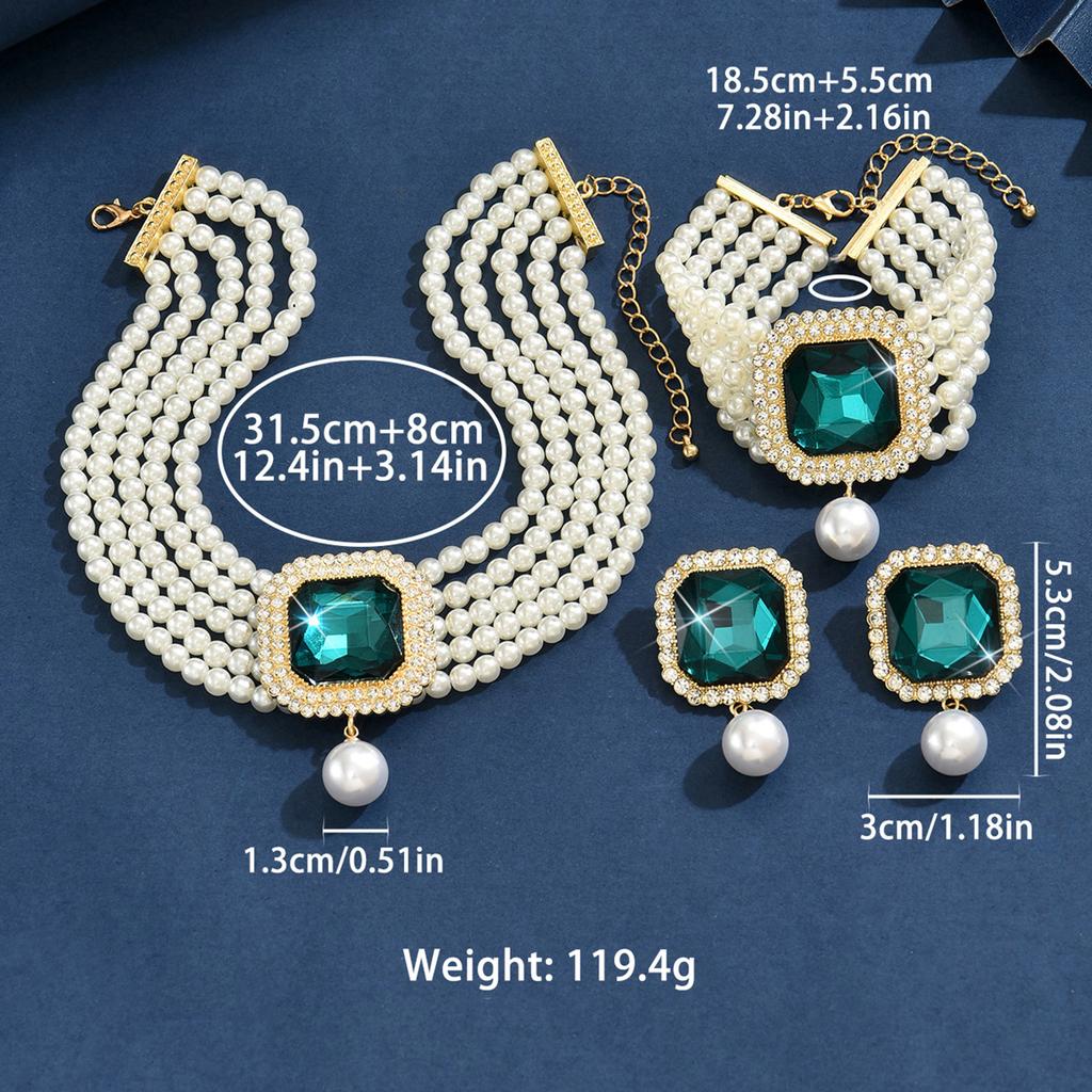 Women's Fashion Light Luxury Short Style Imitation Zircon Rhinestone Necklace Earrings Bracelet Zircon Set Party Festival Gift