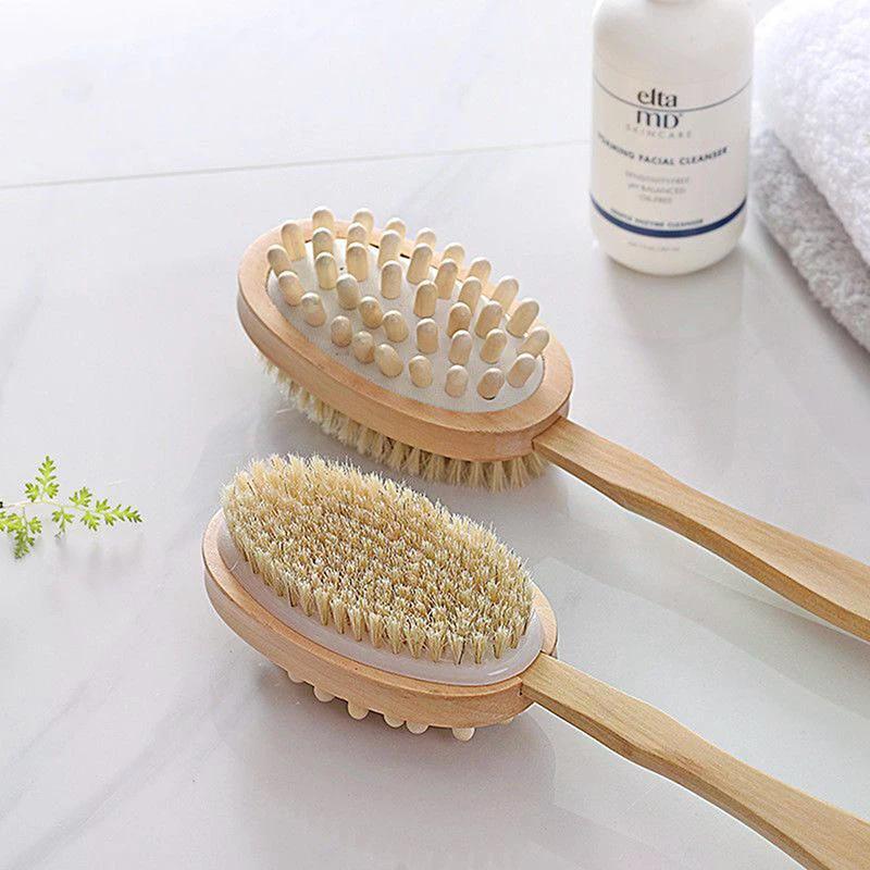 Bathroom Body Brushes Long Handle Bath Natural Bristles Brushes Exfoliating Massager With Wooden Handle Dry Brushing Shower Tool