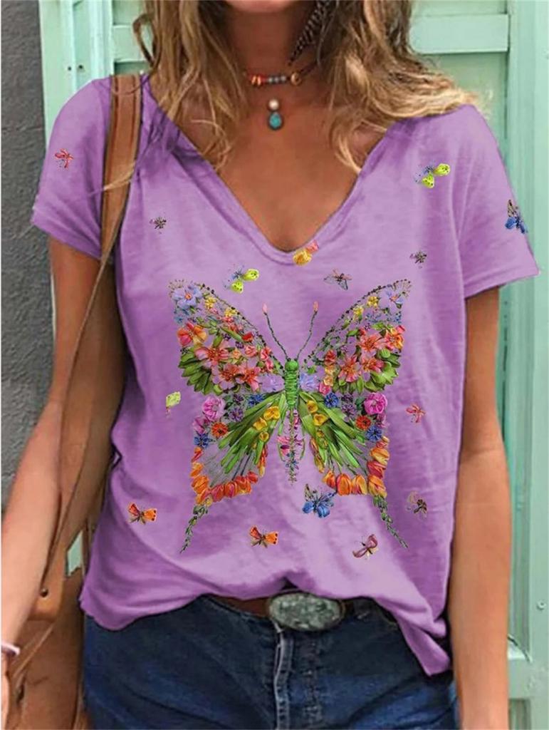 Fashion Spring  Butterfly Print Blouses Short Sleeved V-Neck T Shirts Casual