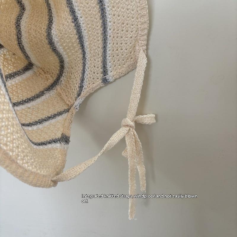 Summer Essential Striped Basin Hat with Knitted Hollow Out Design Foldable for Beach Sunshade
