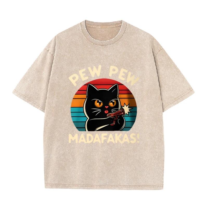 Black Acid Wash Cat T Shirt Pew Pew Madafakas Retro Sunset Graphic Tee S