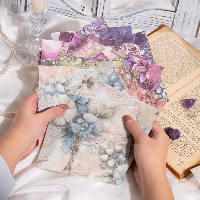 Colorful Gem Floral Material Paper Set, 30 Sheets No Repeat, Luxury Shiny Style Journal DIY Decor Material