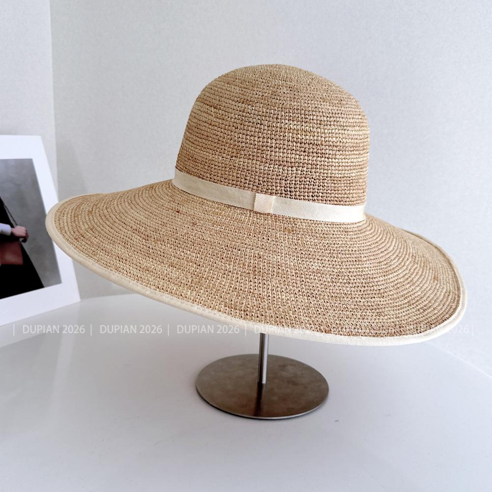 French Oversized Brimmed Hand Knitted Raffia Sun Hat Women Seaside Travel Sun Hat Elegant French Hepburn Style Sombrero