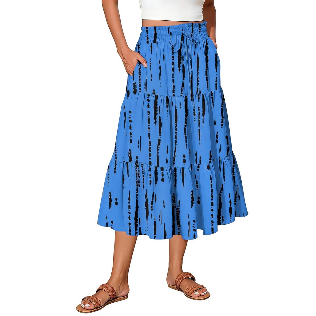 Womens Maxi Skirt Drawstring High Waisted Summer Long Skirts Lightweight Tiered Flowy Floral Pleated Skirts