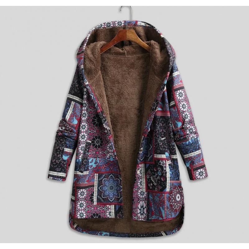 Jacket series casual printing cotton and linen printing plush inner hooded zipper women's clothing new