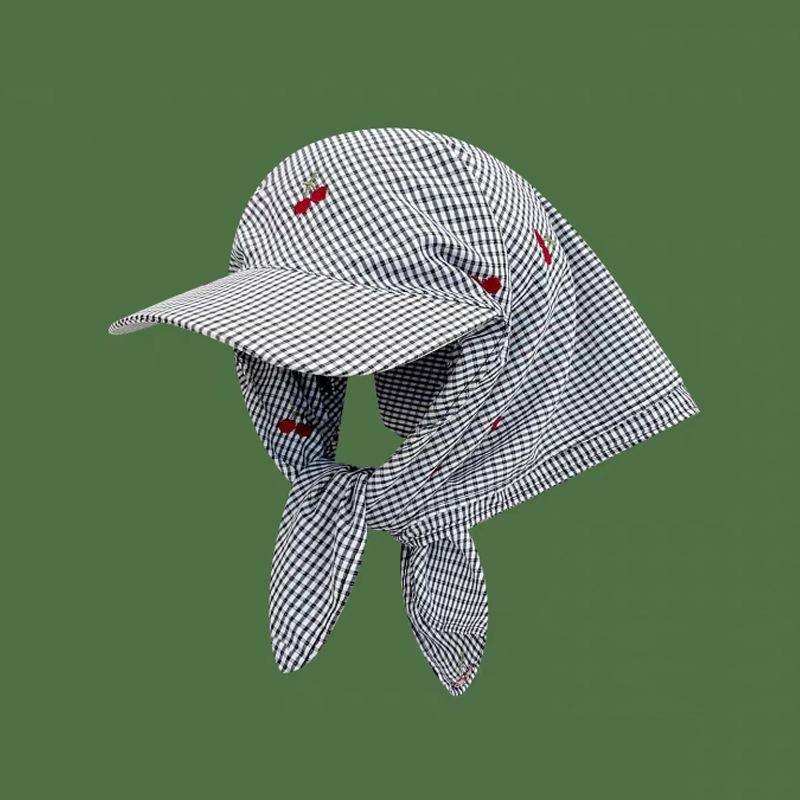 New Style, Cherry Embroidery, Checkered Duck Tongue Headscarf Hat, for Girls, Curved Eaves, Sun Shading and Sun Protection, Hooded Hat