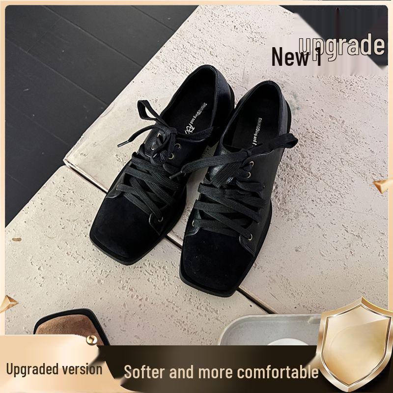 Autumn Retro Lace-Up Chunky Heel Square Toe Leather Shoes for Women
