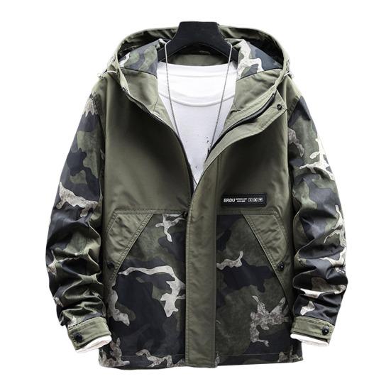 Men Hoodie Jacket Camouflage Patchwork Loose Windbreaker Spring Autumn Washable Zipper Outwear Streetwear