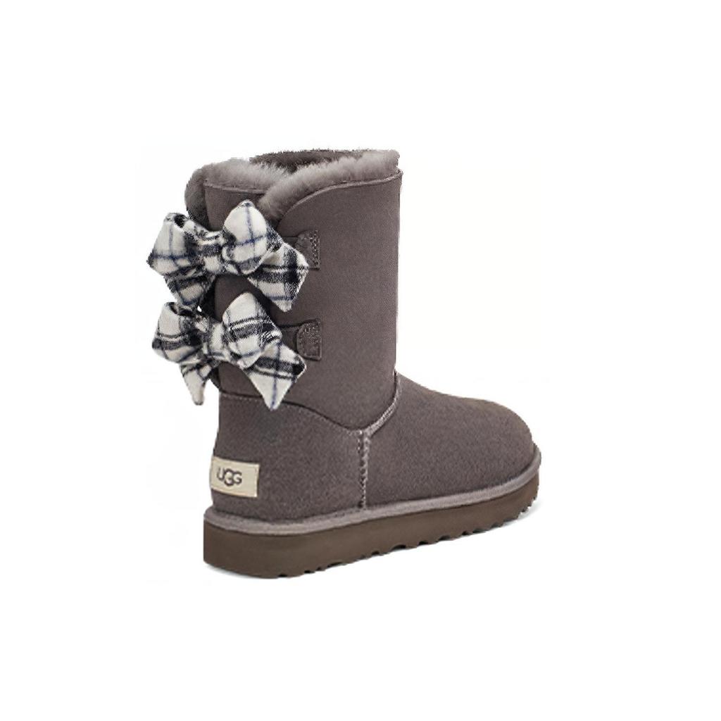 UGG Sheepskin Warm Durable Non-Slip Plaid Ribbon Short Snow Boots Women boots Gray 1118935-CHRC