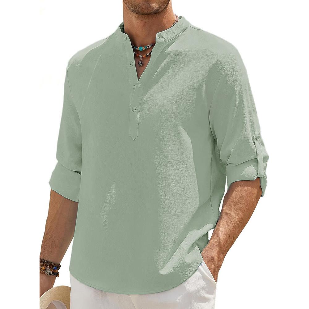 Men's Cotton Linen Long Sleeve Polo Shirt Henley Neck Lightweight Breathable Casual Button Tops Beach Style Simple Male Clothing