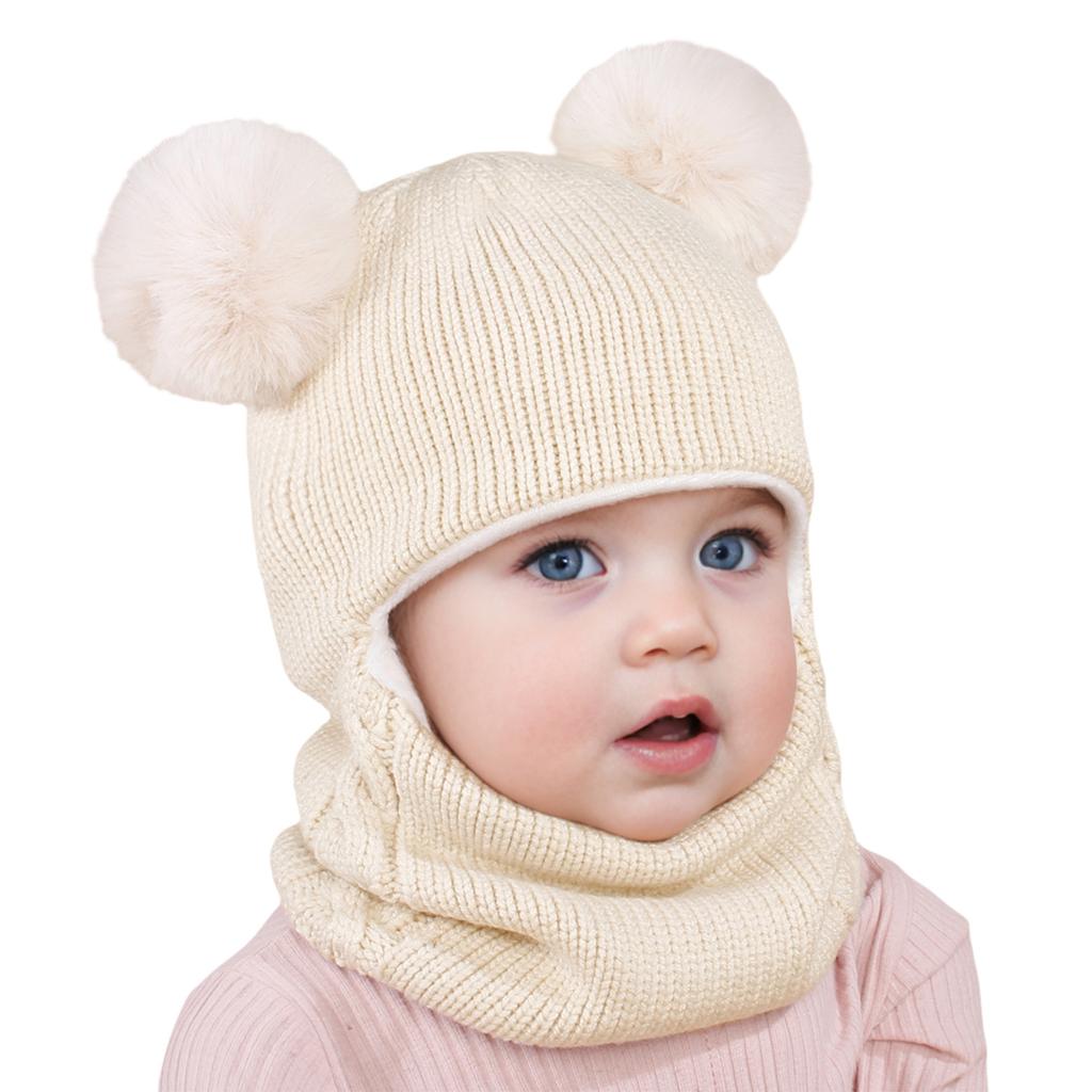 Winter Kids Balaclava Hat Double Pompom Knit Beanie Cap for Baby Boy Girl Warm Thick Fleece Lining Children One-piece Hat Scarf