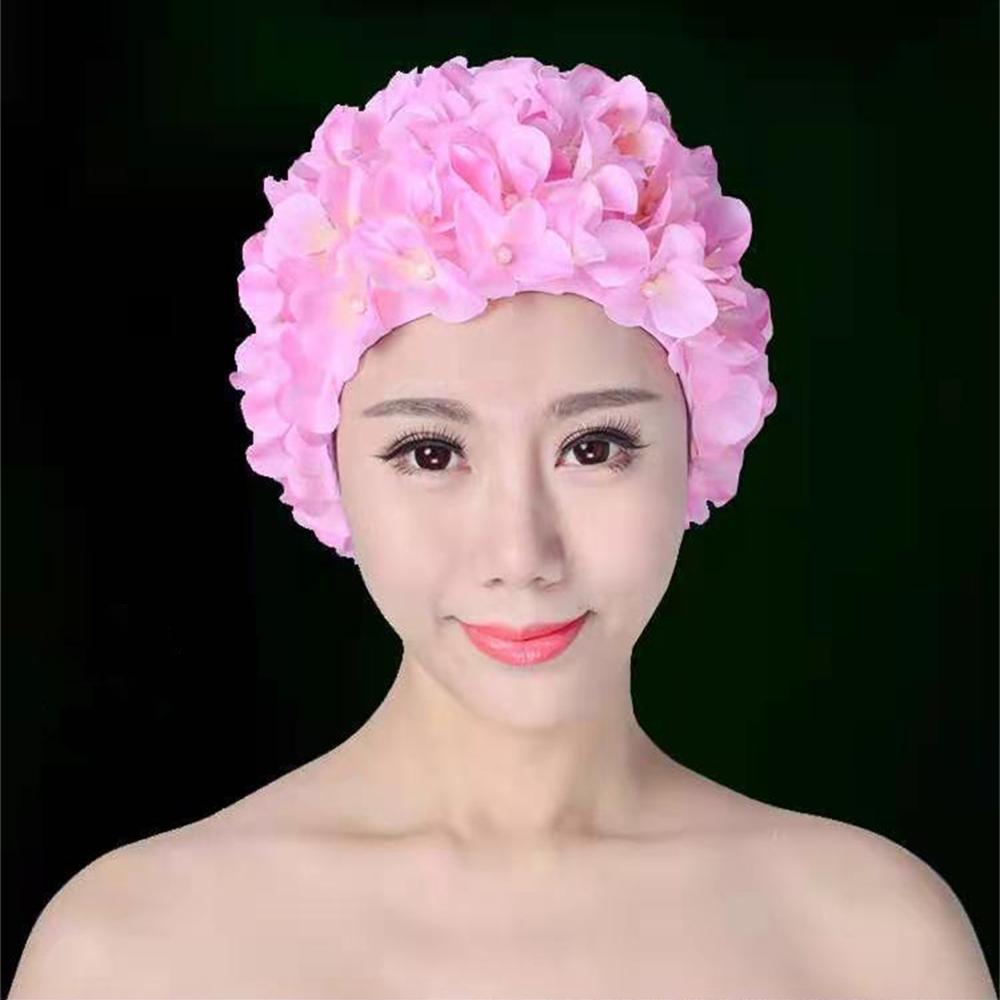 Women's Pleated Flower Swimming Cap Free Size Soft Long Hair Breathable Shower Cap Beach Surfing Protect Ears Elastic Caps Cozy