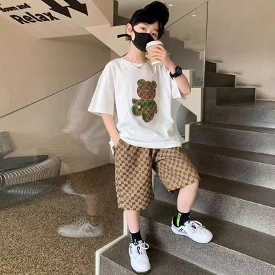 2025 New Summer Children's Suit Korean Style Short Sleeve Bear Top Two-piece Set For Boys Stylish Comfortable