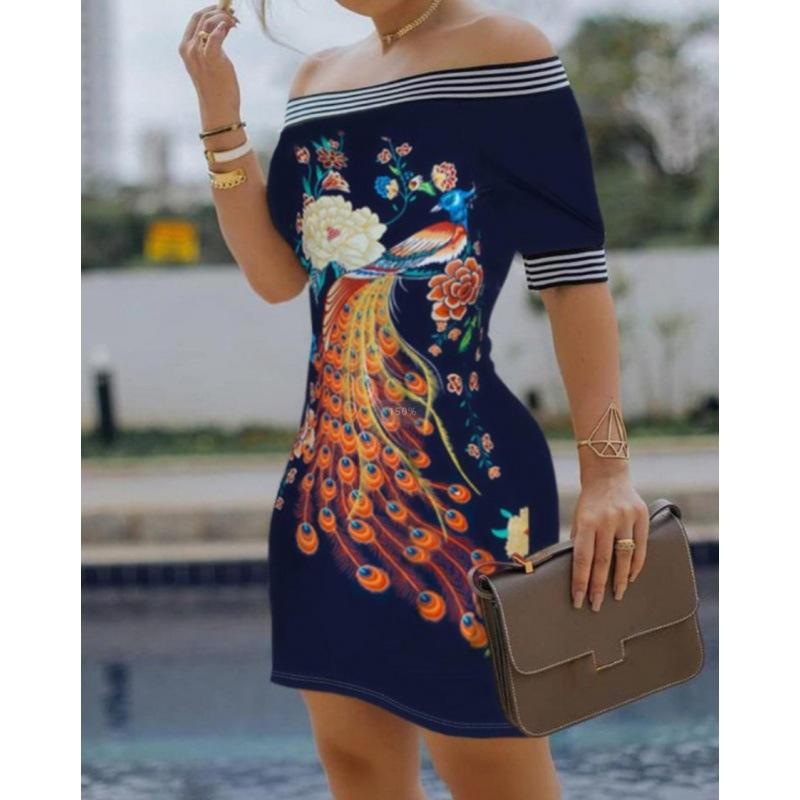 

Women Clothing Off-shoulder Print Slim Fit Sexy Maxi Dress 2XL Темно-синій