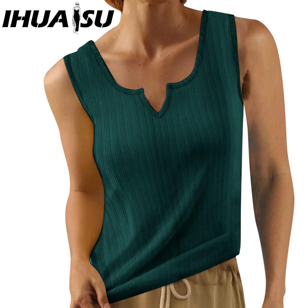IHUASU Dámská móda Ležérní letní jednobarevné halenky a košile bez rukávů s výstřihem do V