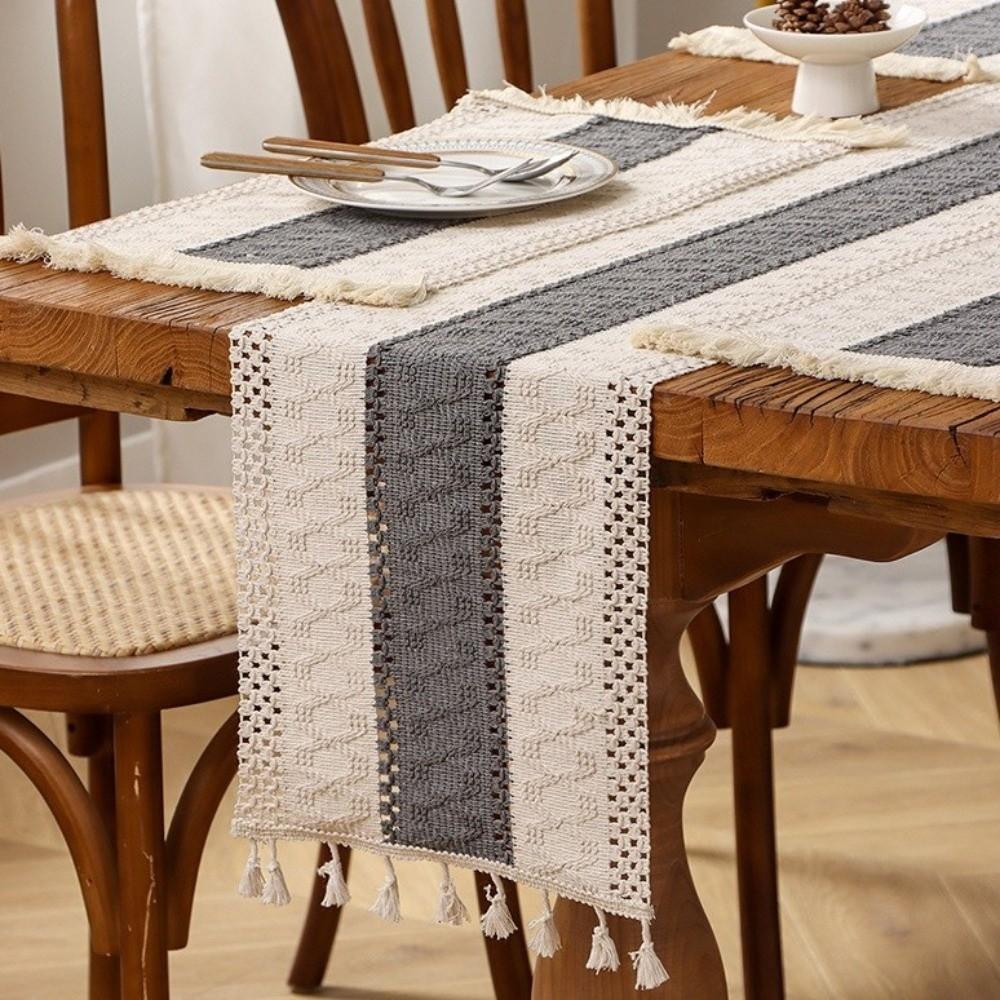 Rustic Style Knitted Hollow-out Table Runner Splicing Farmhouse Tablecloth  Dining Table