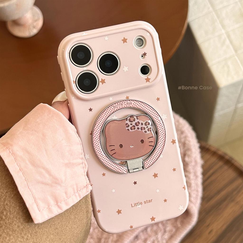 Pink Leopard Print Magnetic Phone Case with Stand for iPhone 16 Pro/13/15 - Cartoon Design
