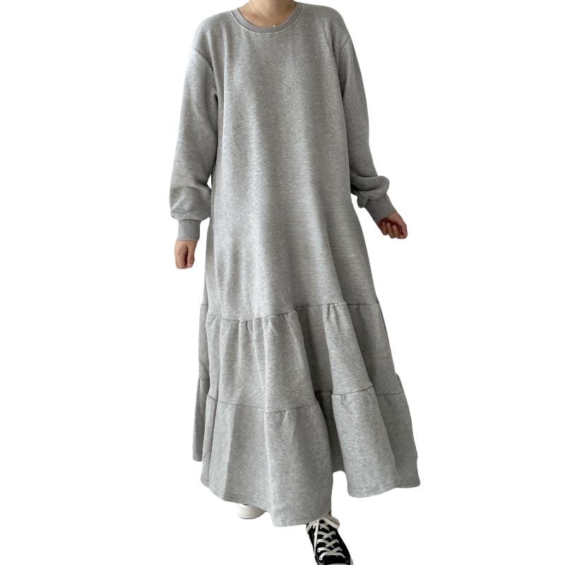 Spring Summer Sweatshirt Dress Women Ruffle Hem Loose Midi Dress Lantern Sleeve Knee Length