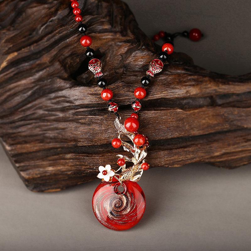 GEMCHIC Women's Vintage Red Glass Fish Pendant Necklace Long Sweater Chain Ethnic Style Jewelry Gift