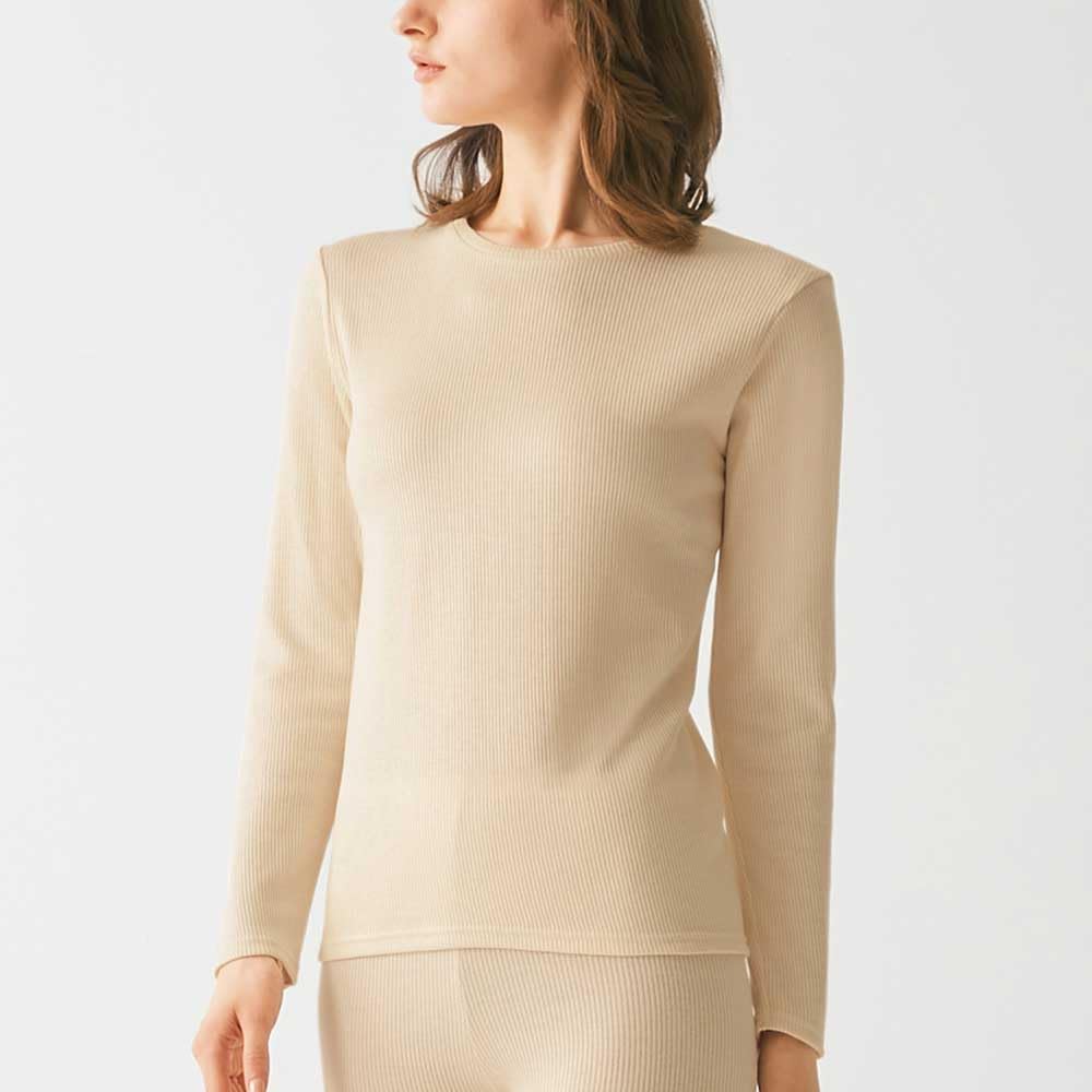 Gunze HOTMAGIC MH8446 Long Sleeve Cotton Warm Inner Rib Lanvin Navy Women's T-Shirt, Blend, Moisture-Wicking, Heat-Generating, Material,