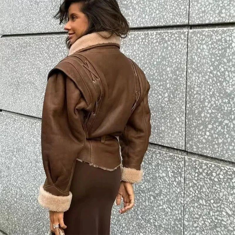 Za New Fall Women's Clothing 2025 Fashion Style Fashion Suede Faux Lamb Wool Jacket Shoelace Short Coat