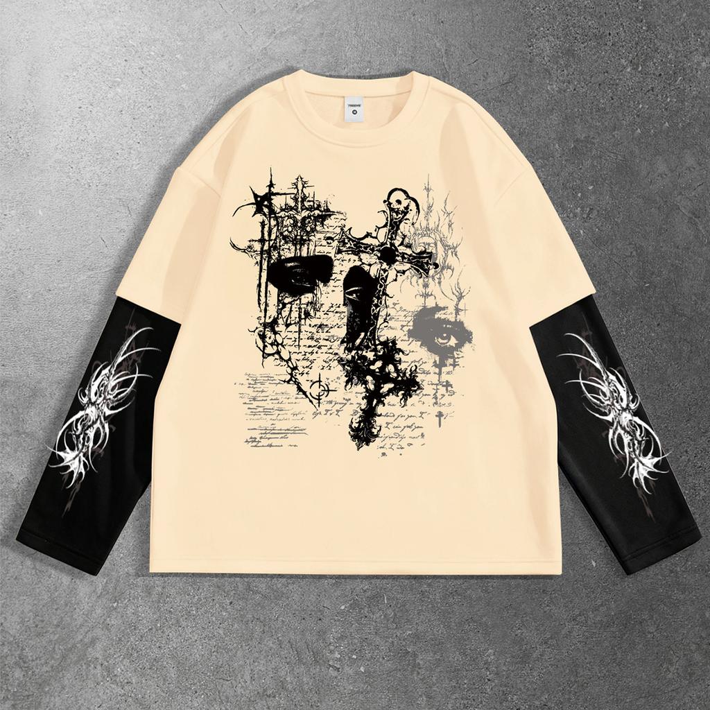 Thorns Cross Dark Fashion Style Men's Oversized Color-Blocked Long-Sleeve Top, Trendy Fashion Item