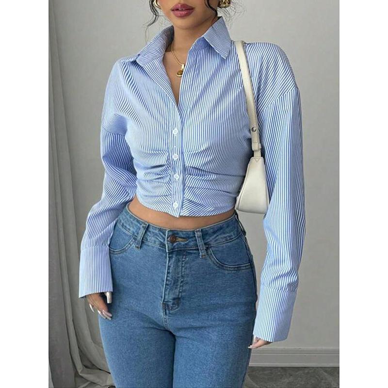 

New Women s Casual Shirt Comfortable Simple Striped Blue And White Classic Retro Spring And Autumn Long Sleeve Top XL синий